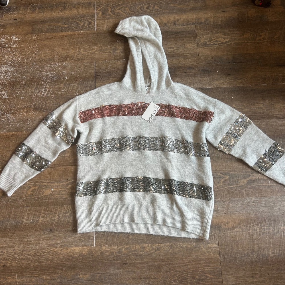 Nine West Womens Grey Sequin Stripe Hooded‎ Sweater Rose Gold Silver NWT L